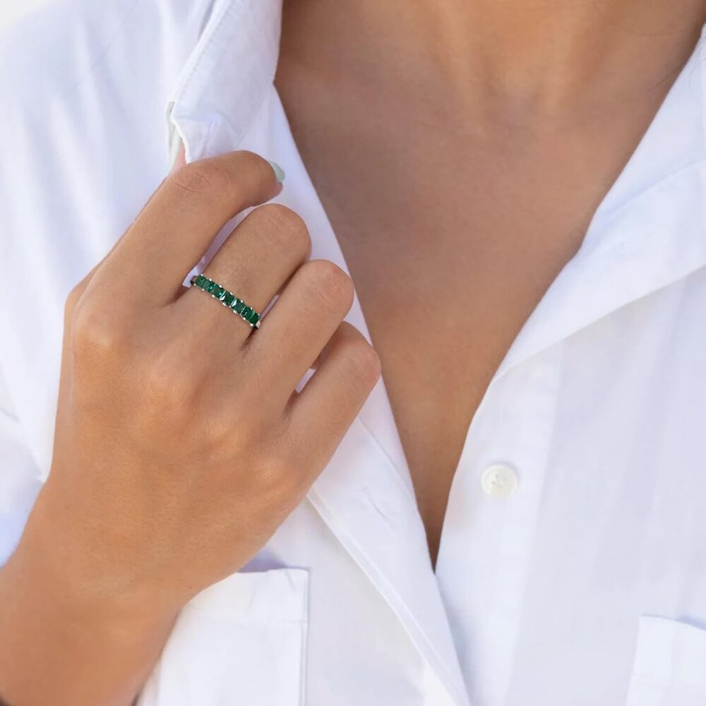 Classic 925 Silver Stackable Princess Emerald Rin… - image 2